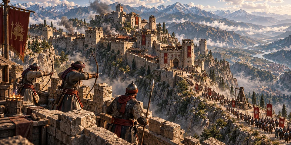 Fedayeen: The Last Stronghold — Persian-inspired defenders holding mountain battlements as an army approaches a terraced fortress; concept artwork, not gameplay.