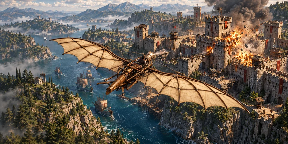 The Flying Siege: Da Vinci's Flying Machine — a wooden, fabric-winged flying machine circling a damaged medieval fortress above a river valley; concept artwork, not gameplay.