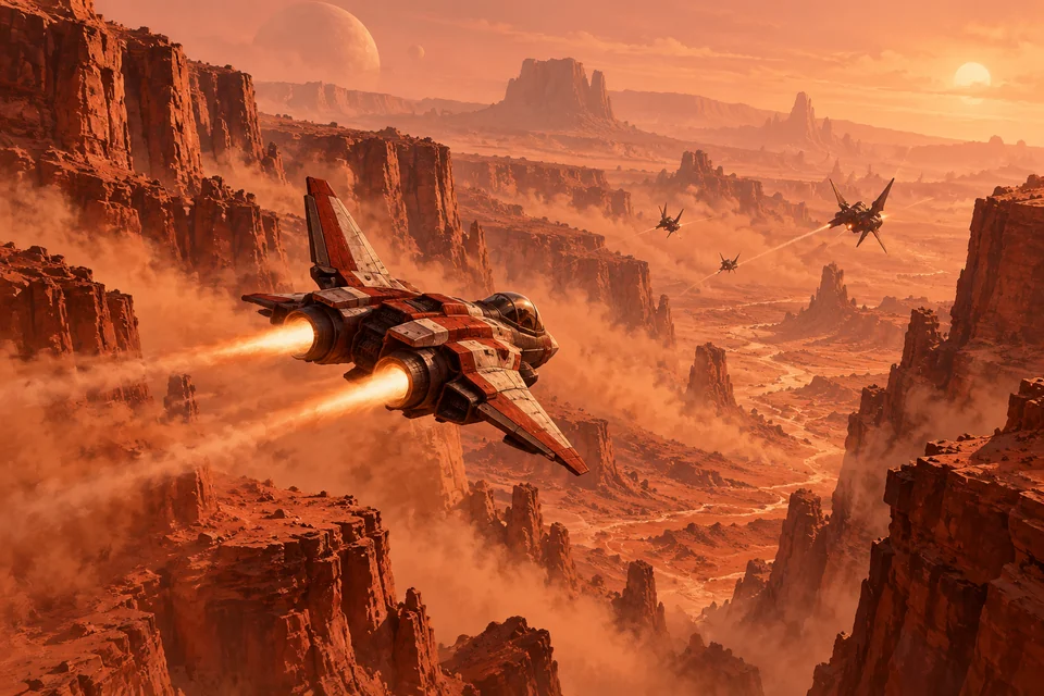 Original Mars: Hostile Skies concept art of a futuristic fighter crossing a vast red Martian canyon with hostile aircraft in the distance; not gameplay.