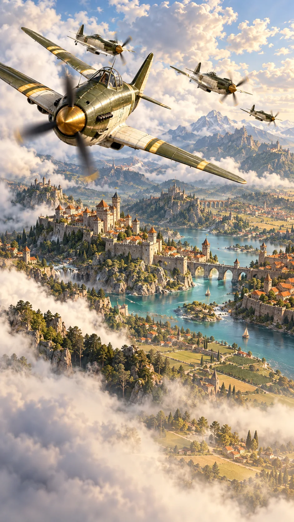 Medieval Sky: The Crimson Arrival — propeller aircraft above a medieval city, rivers, and mountain castles; cinematic artwork.
