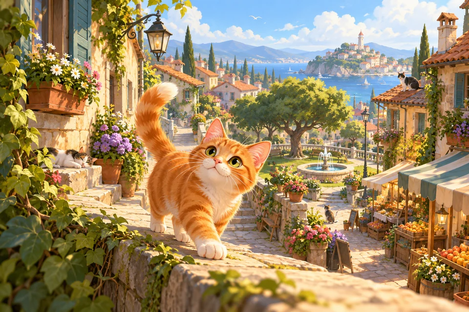 Original Meow, Me?! concept art of a curious four-legged ginger cat exploring a sunny neighborhood lane with a park and market; not gameplay.