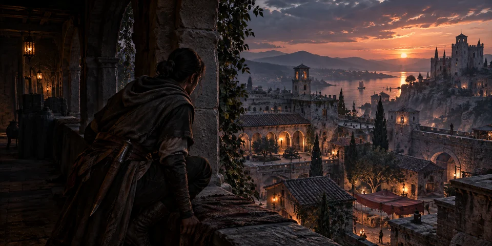 Concept Art for Silent Legacy: a historical traveler observing an old stone city from a shadowed passage; original visual exploration, not gameplay.