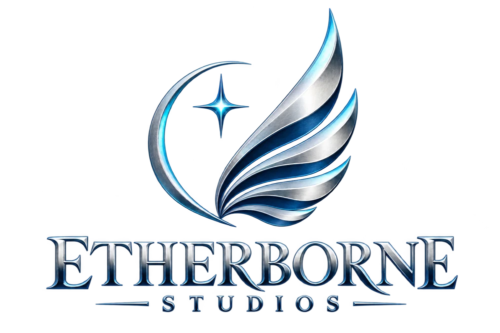 Etherborne Studios — silver and cyan four-feather wing logo
