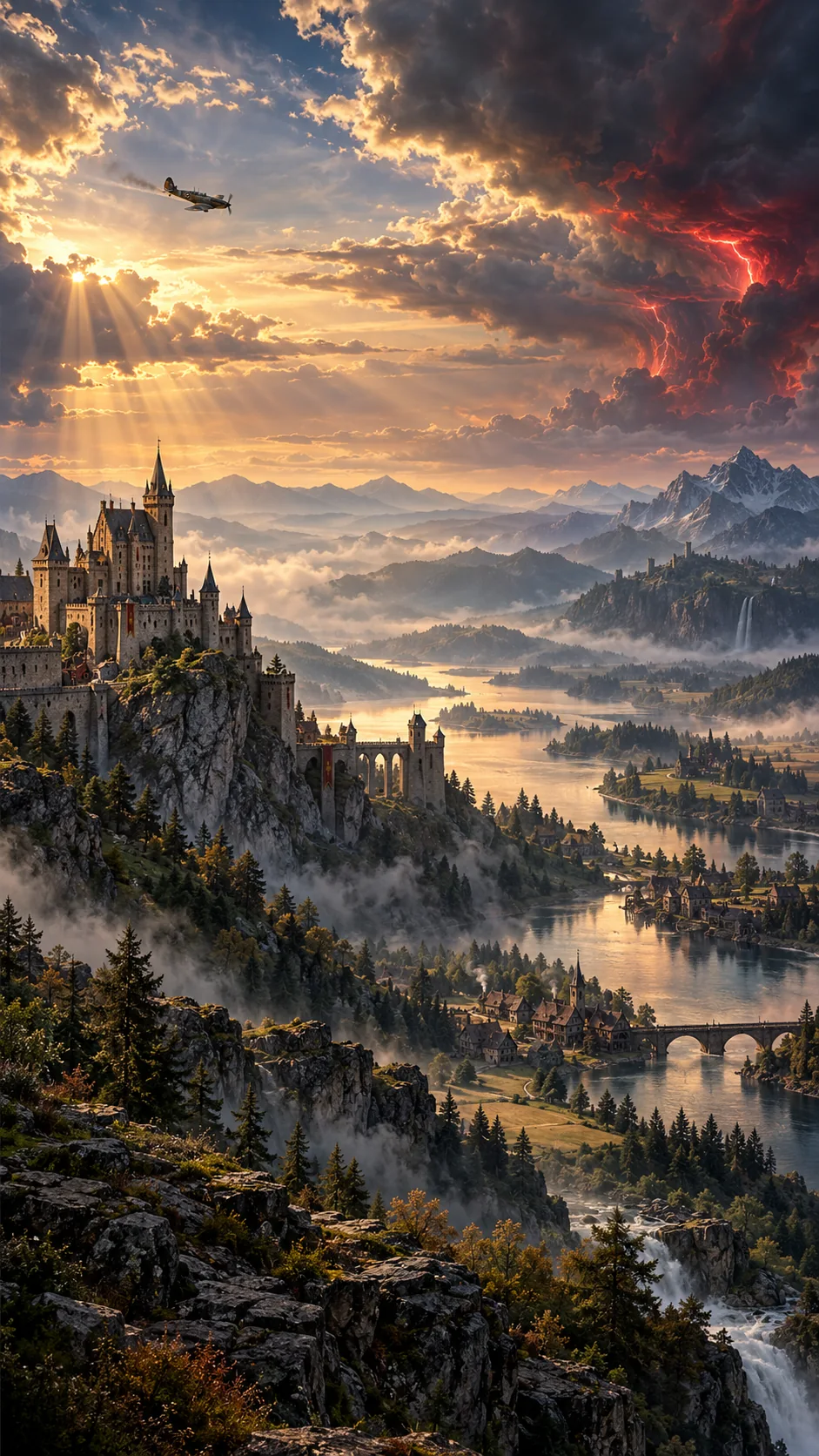 Medieval Sky cinematic artwork of castles and a mountain valley.