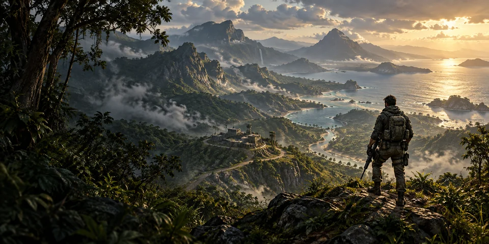 Concept Art for War Unspoken: a lone scout overlooking a lush coastal mountain valley and a distant outpost; an original visual direction study, not gameplay.